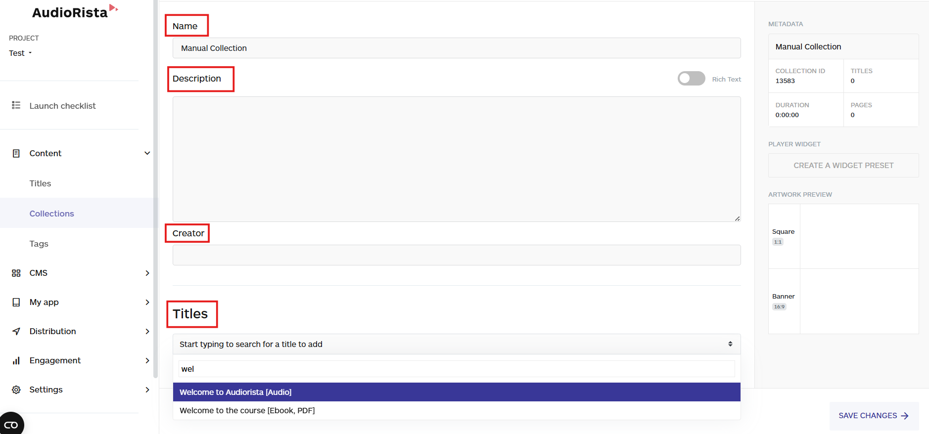 manual collection details on the audiorista dashboard, no code app builder