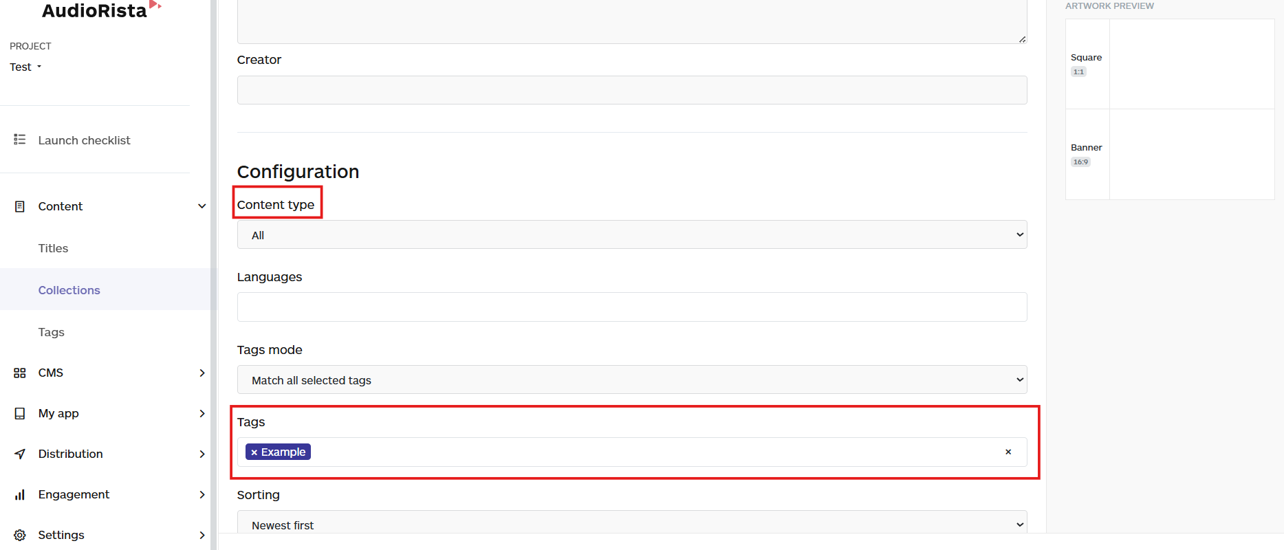 dynamic collection configuration details on the audiorista dashboard, no code app builder
