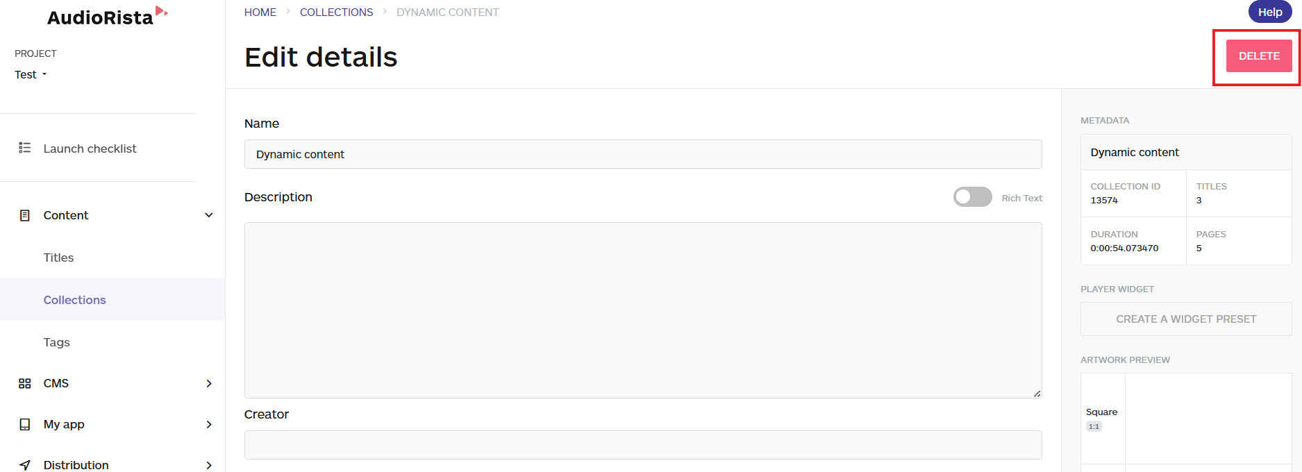 deleting a collection button on the audiorista dashboard, no code app builder