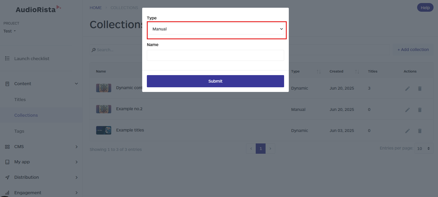 choosing the manual collection option on the audiorista dashboard, no code app builder