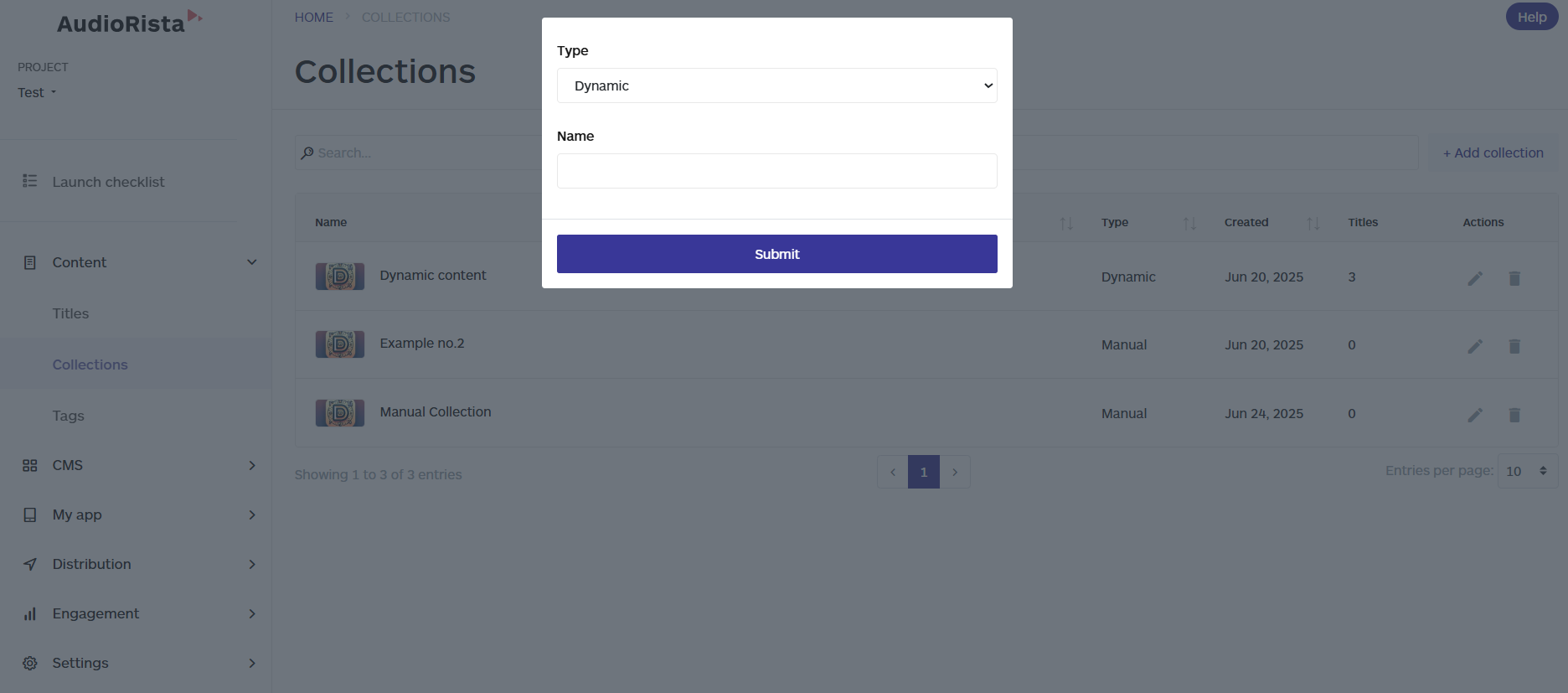 dynamic collections on the audiorista dashboard