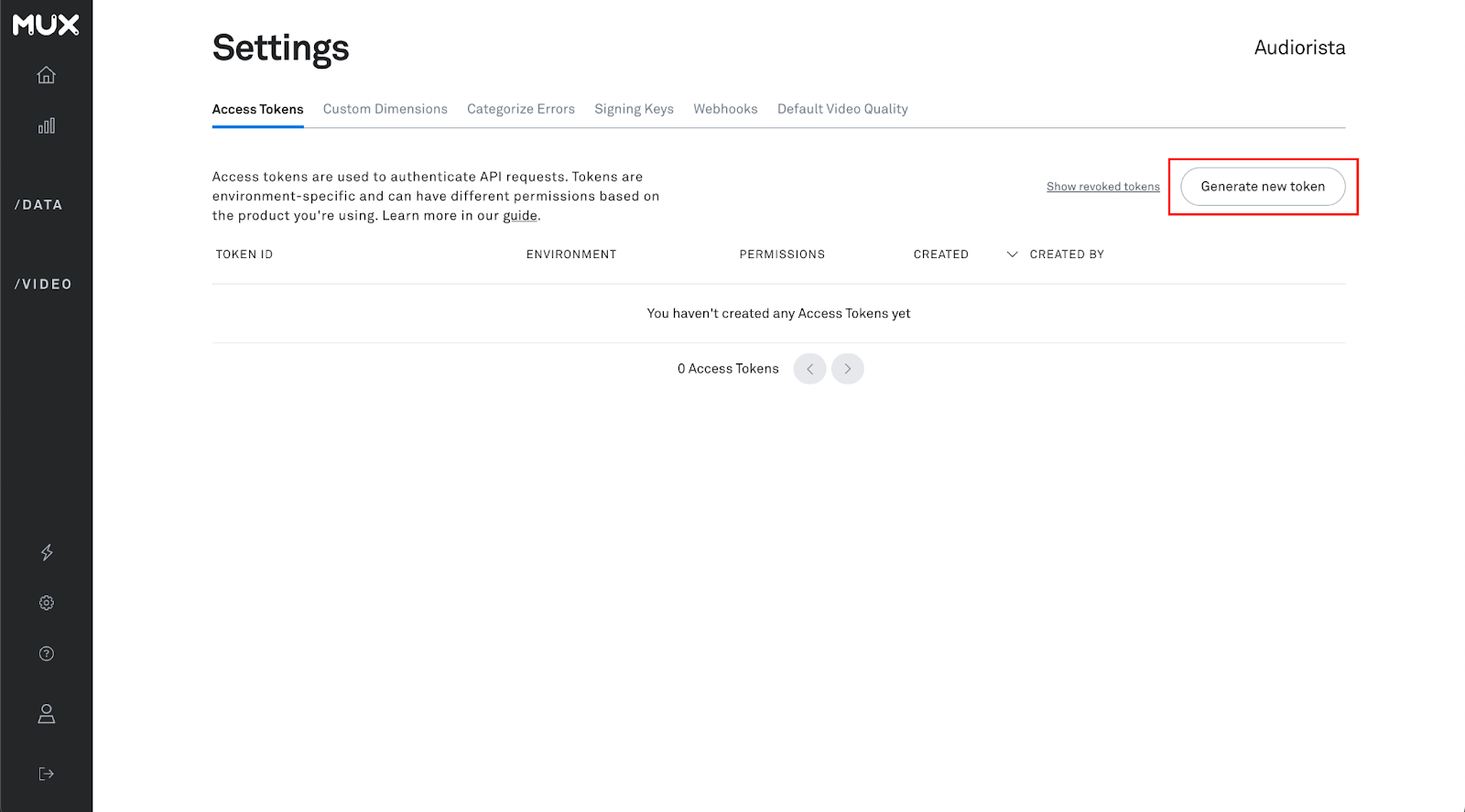 how to generate a new token on the mux website for the audiorista app no code app builder
