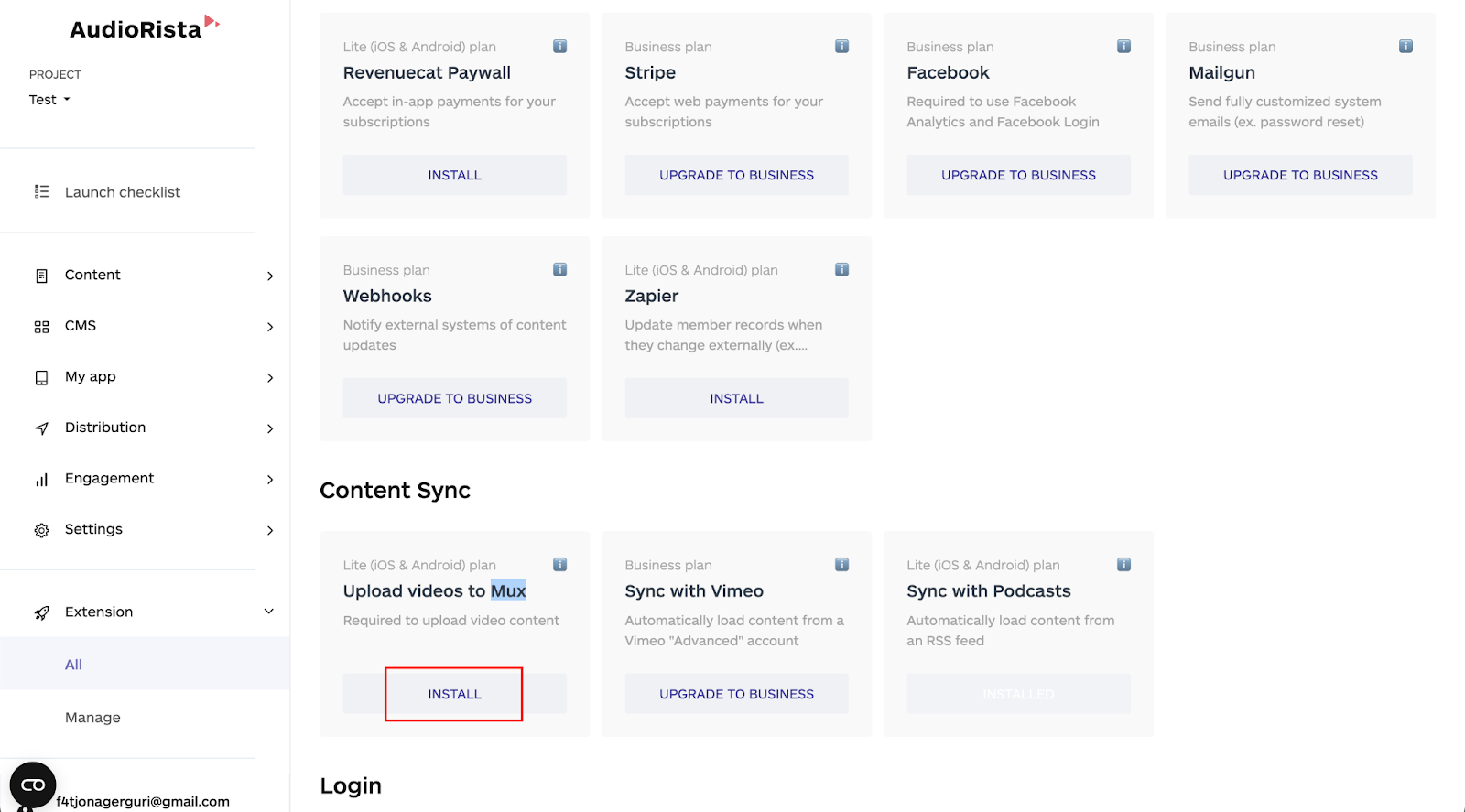 how to install the mux extension on the audiorista dashboard, no code app builder