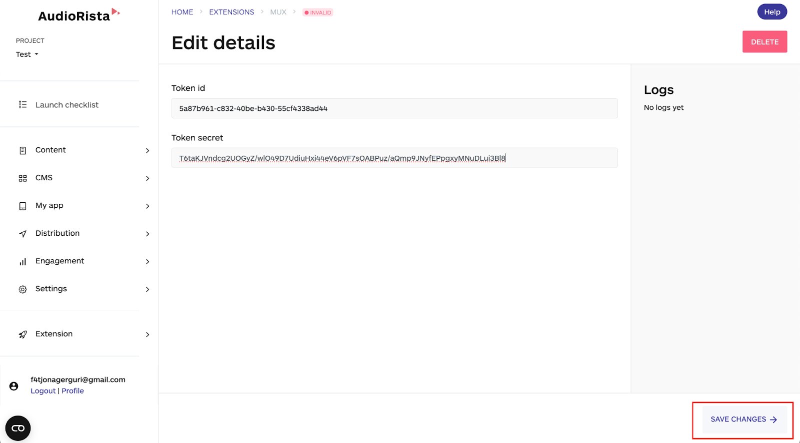 how to add the token id and token secren on the audiorista dashboard, no code app builder