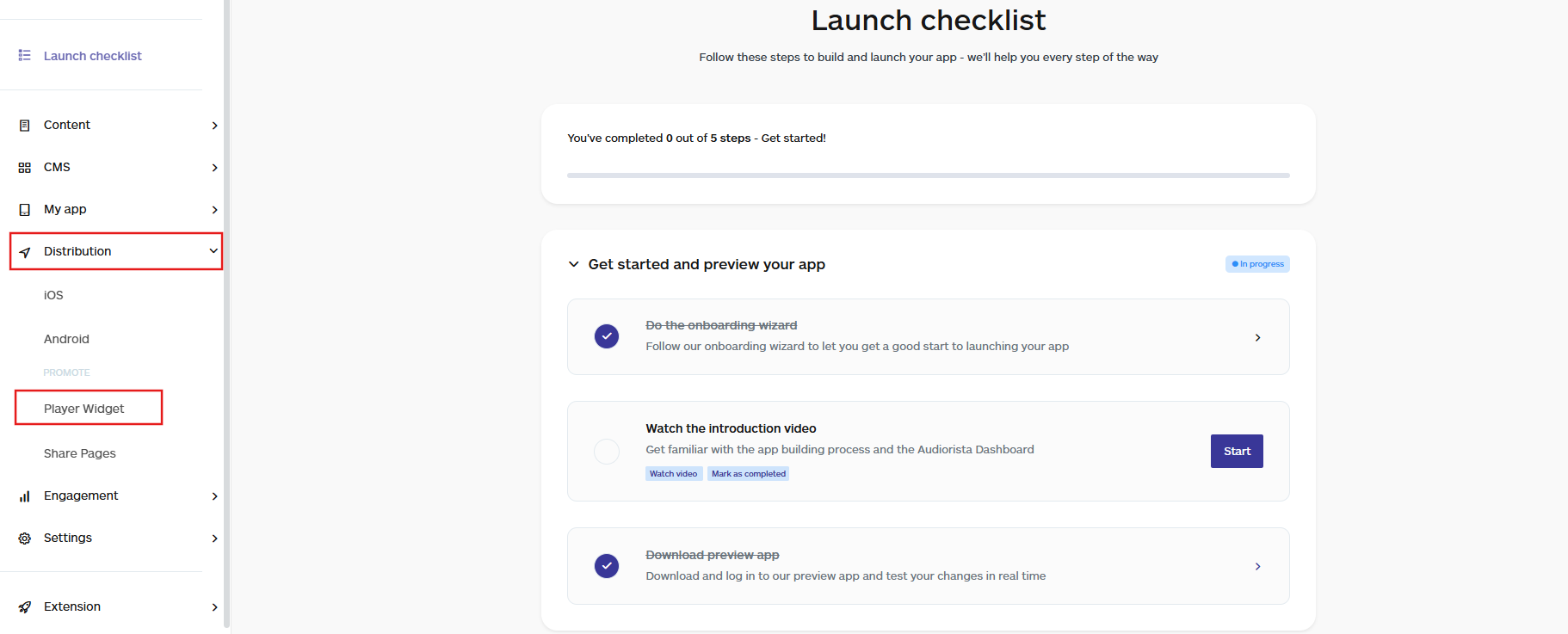 accessing the player widget option on the audiorista dashboard under the distribution button, no code app builder