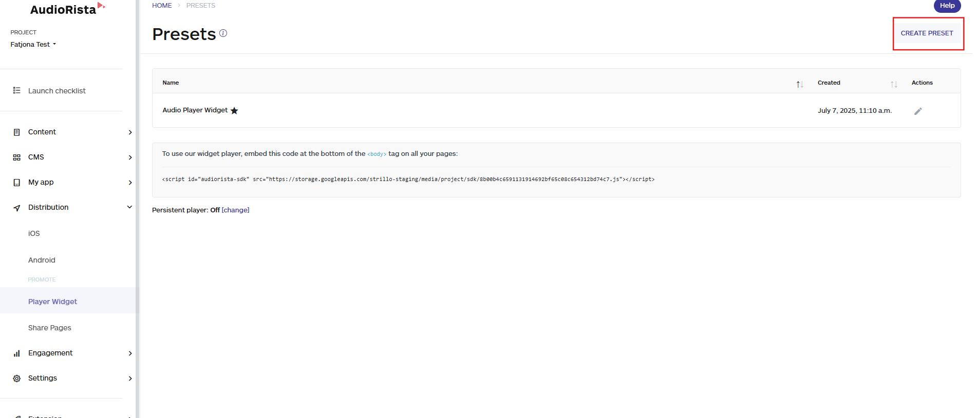 create a player widget preset on the presets on the audiorista dashboard, no code app builder