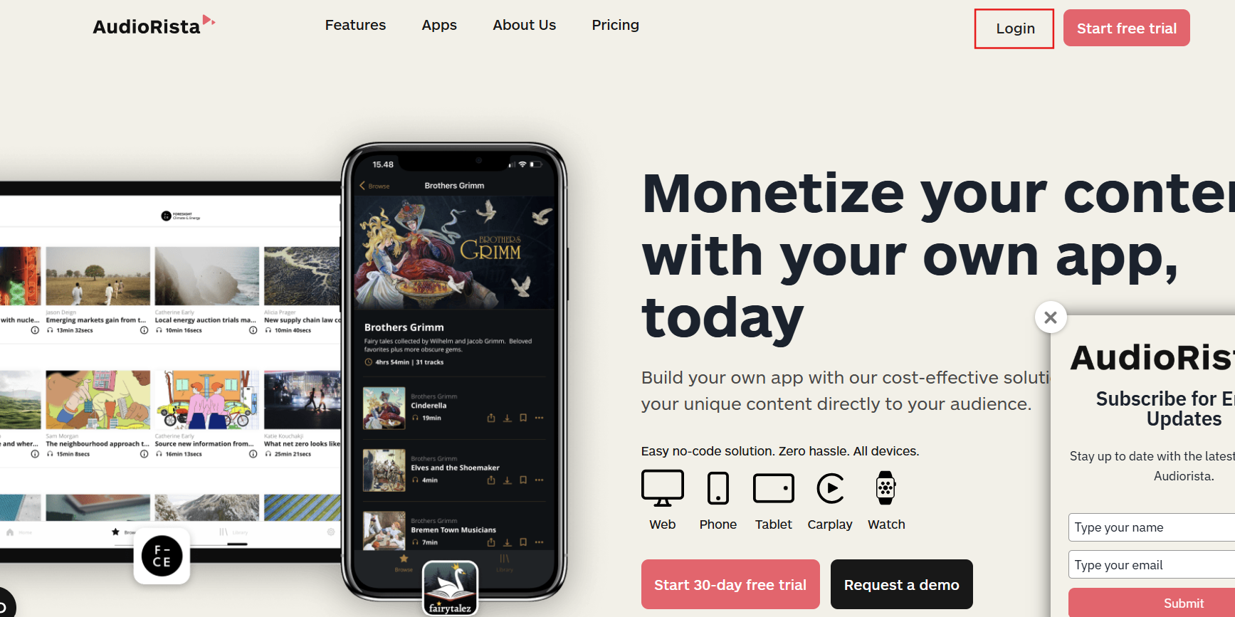 the audiorista landing page on the website, no code app builder