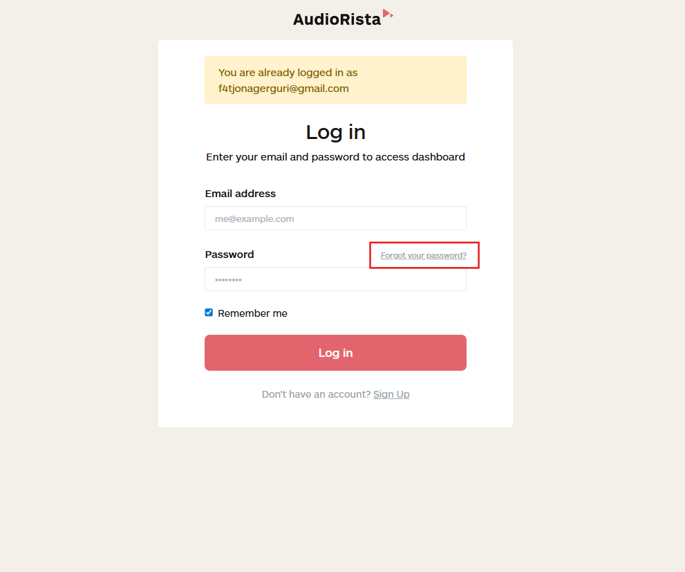 audiorista login page, forgot your password option, no code app builder