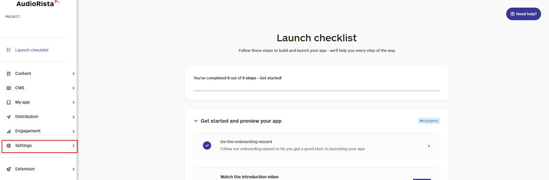 setting button on the audiorista dashboard no code app builder