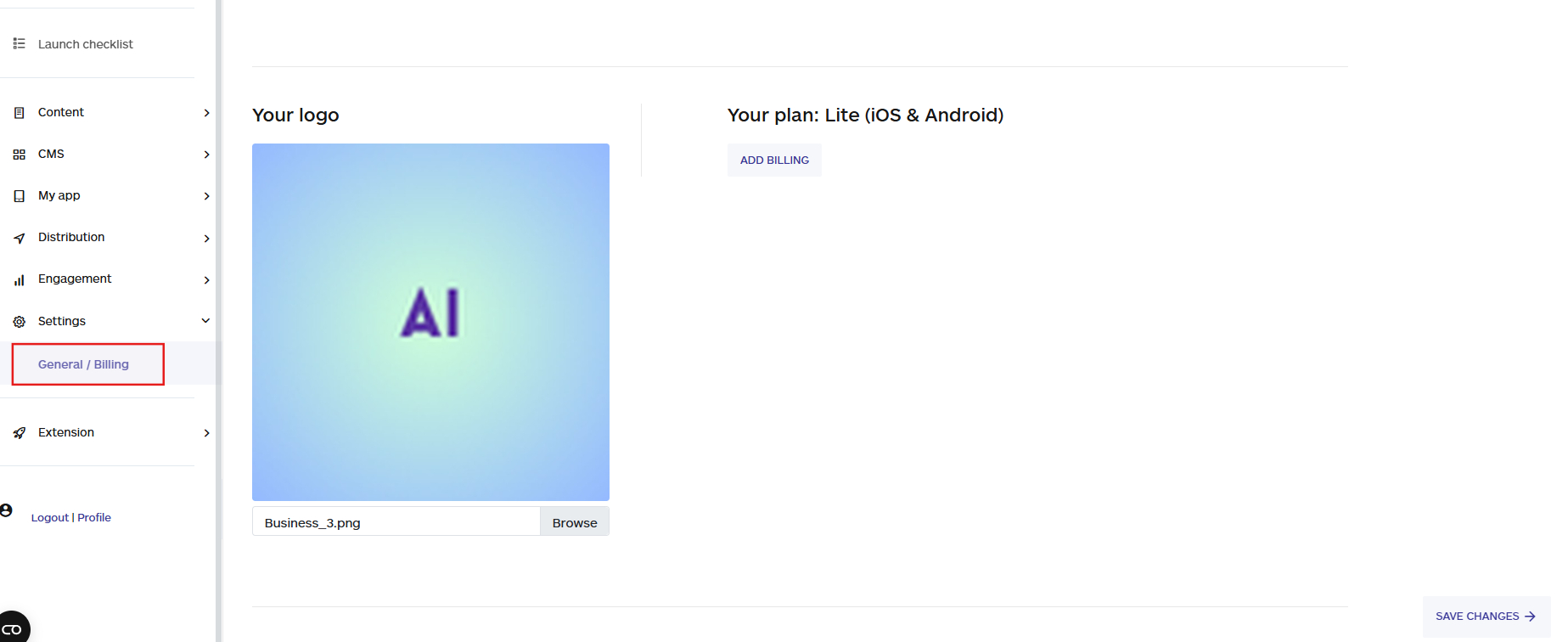 general/billing option on the audiorista dashboard, no code app builder