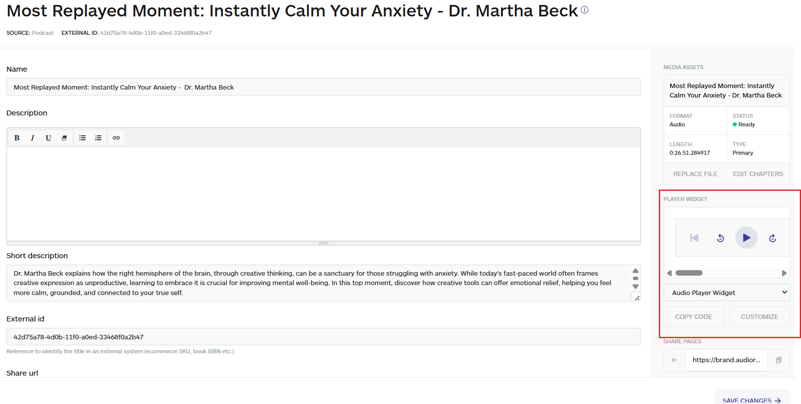 audio player widget option under the title no code app builder