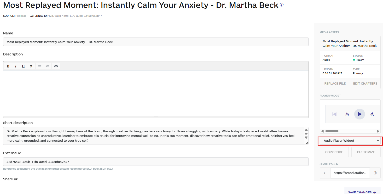 choose the preferred audio player widget under the title, no code app builder