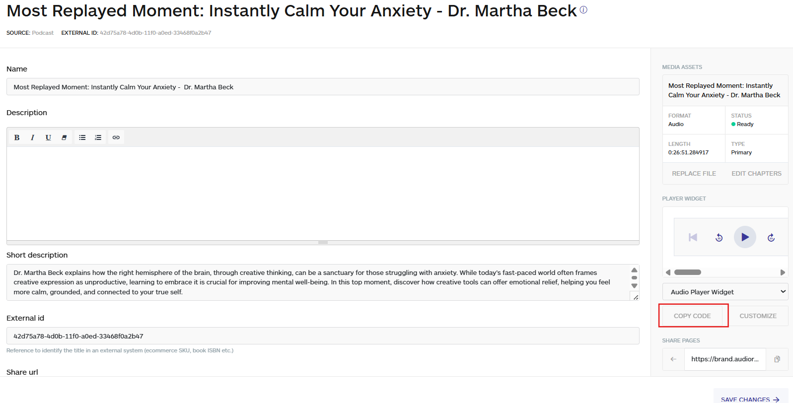 copy the code of the audio player widget under the title you want to embed on the website, no code app builder
