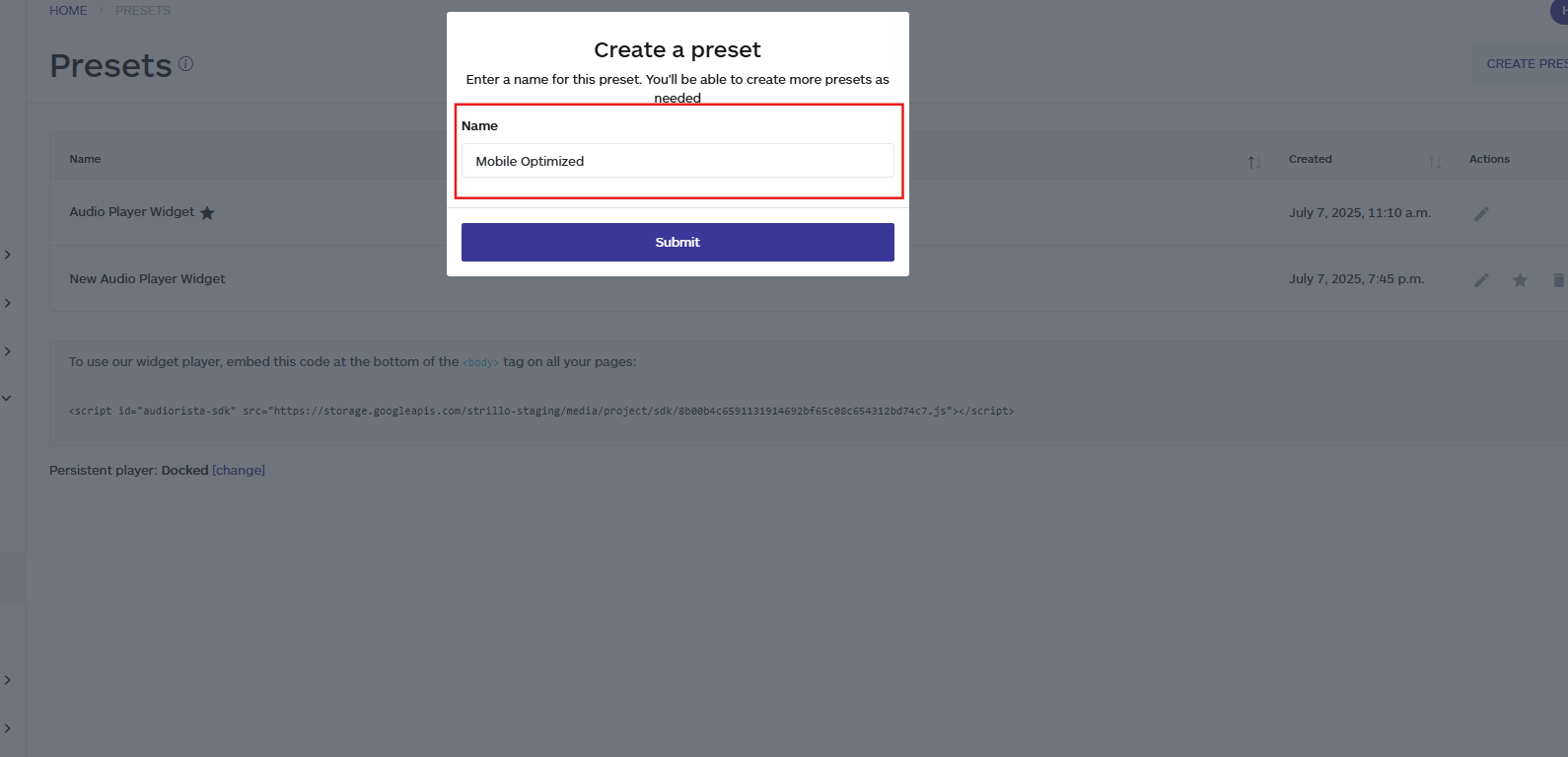 naming the preset of the audio player widget on the audiorista dashboard no code app builder