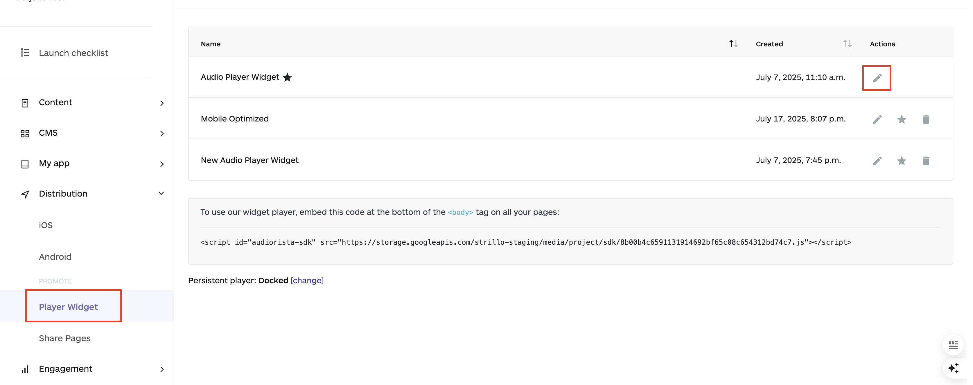 how to delete an audio player widget on the audiorista dashboard no code app builder