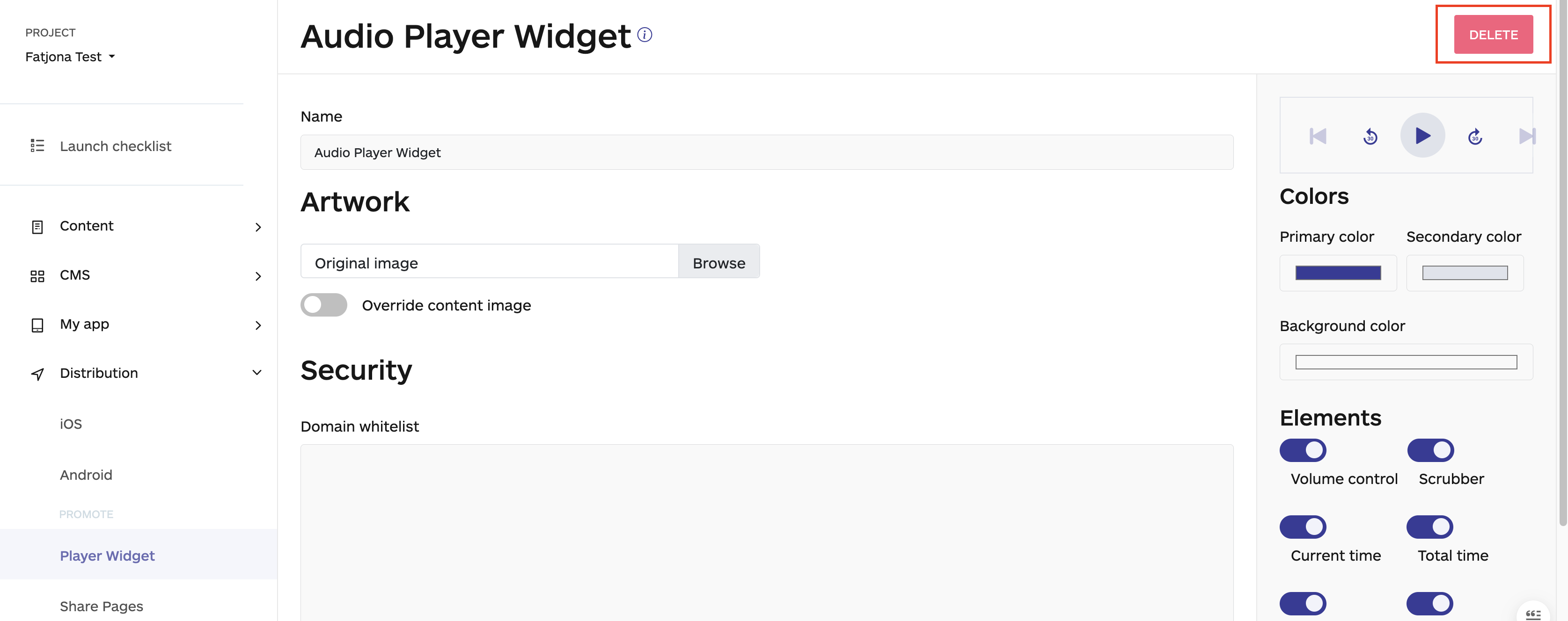 second option on how to delete the audio player widget on the audiorista dashboard no code app builder