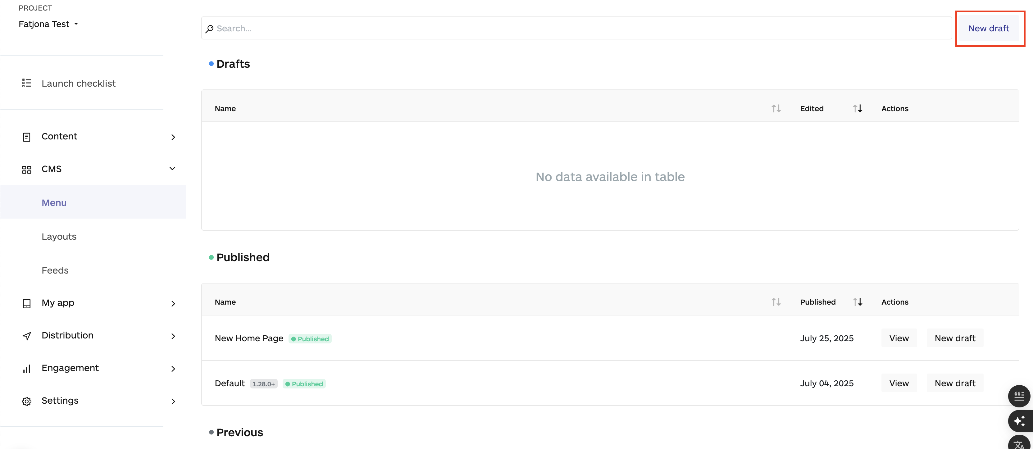 the option to draft a new menu on the menu section on audiorista, no code app builder