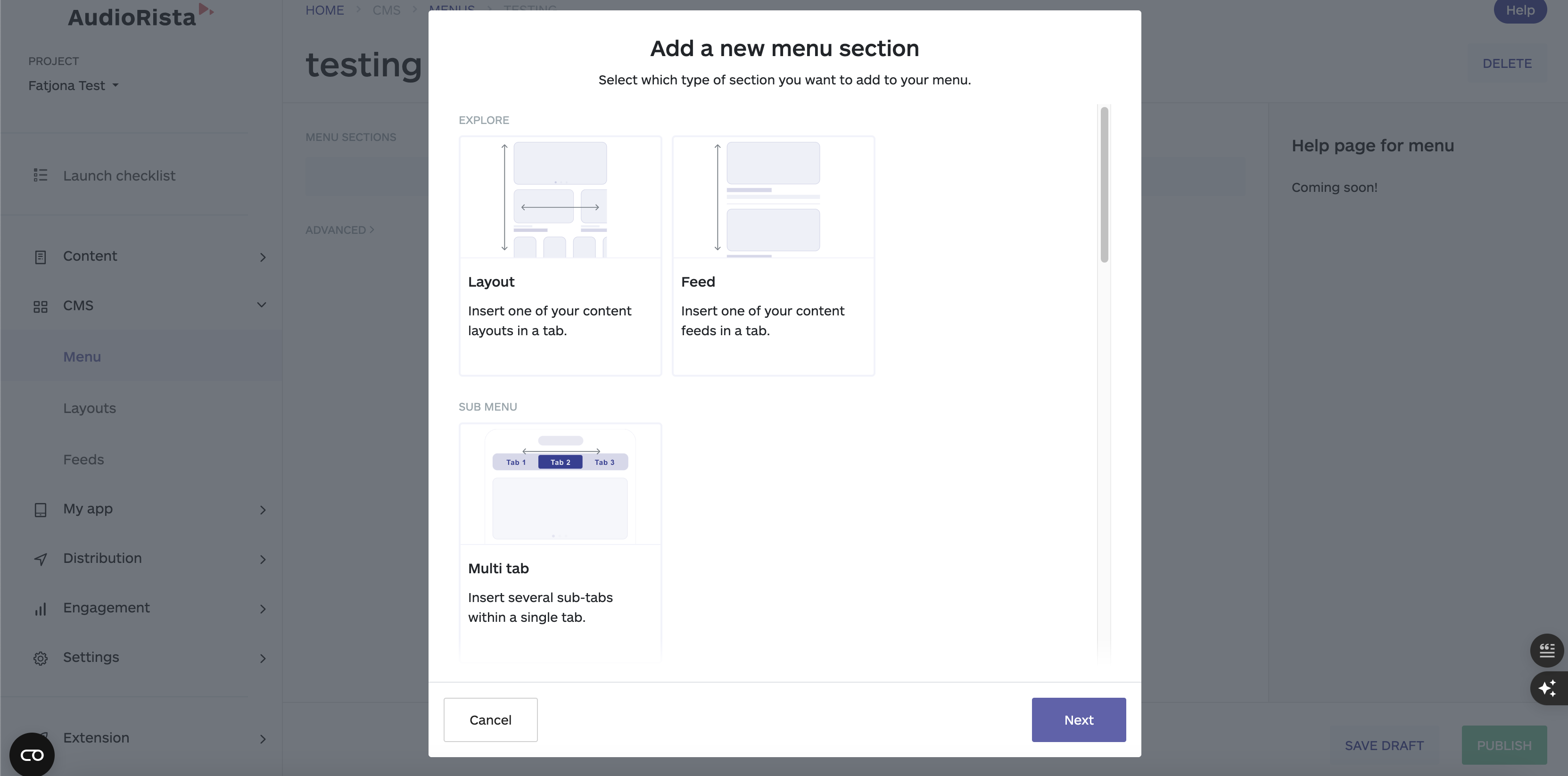 the different options for sections when you create a new menu sections and the explaining of each of then, no code app builder