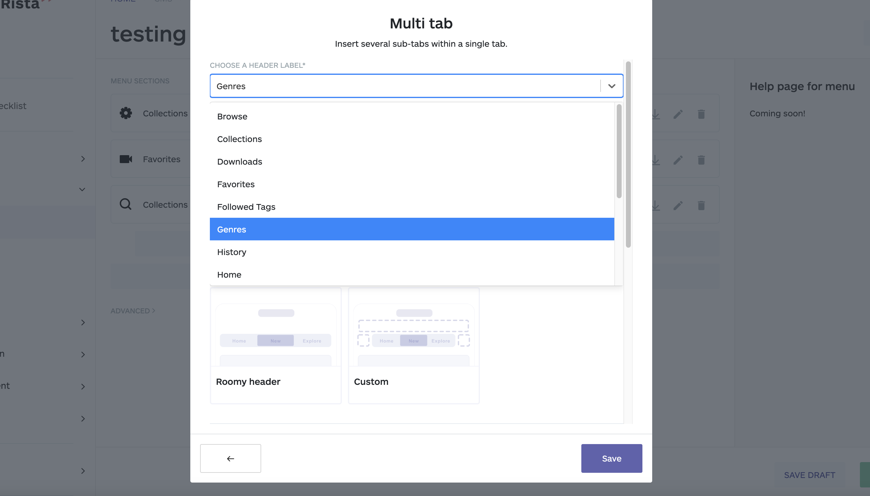 selection the header label for the multi tab on the section, no code app builder