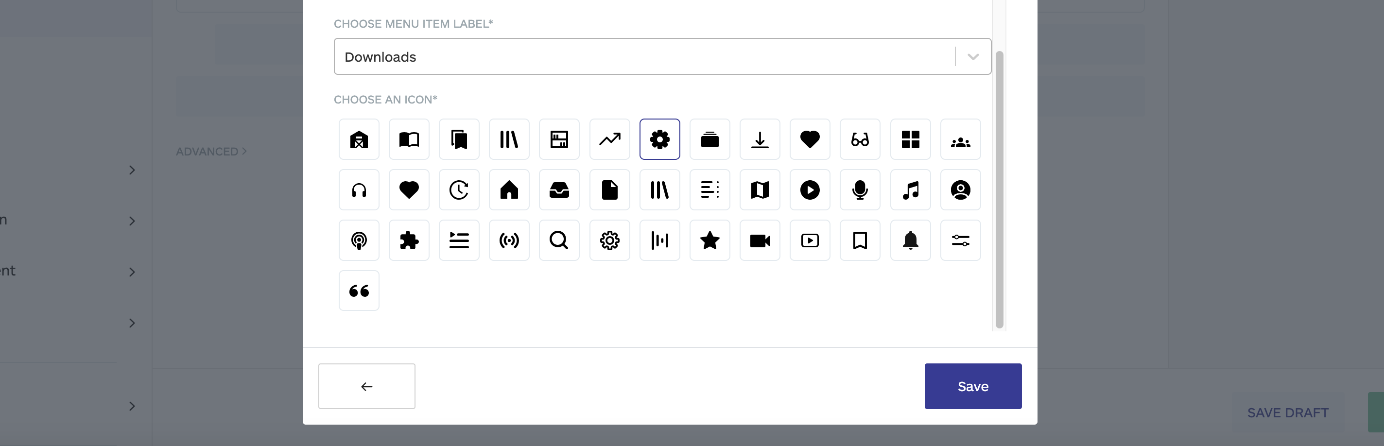icons to be choosen for the multi tab section, no code app builder