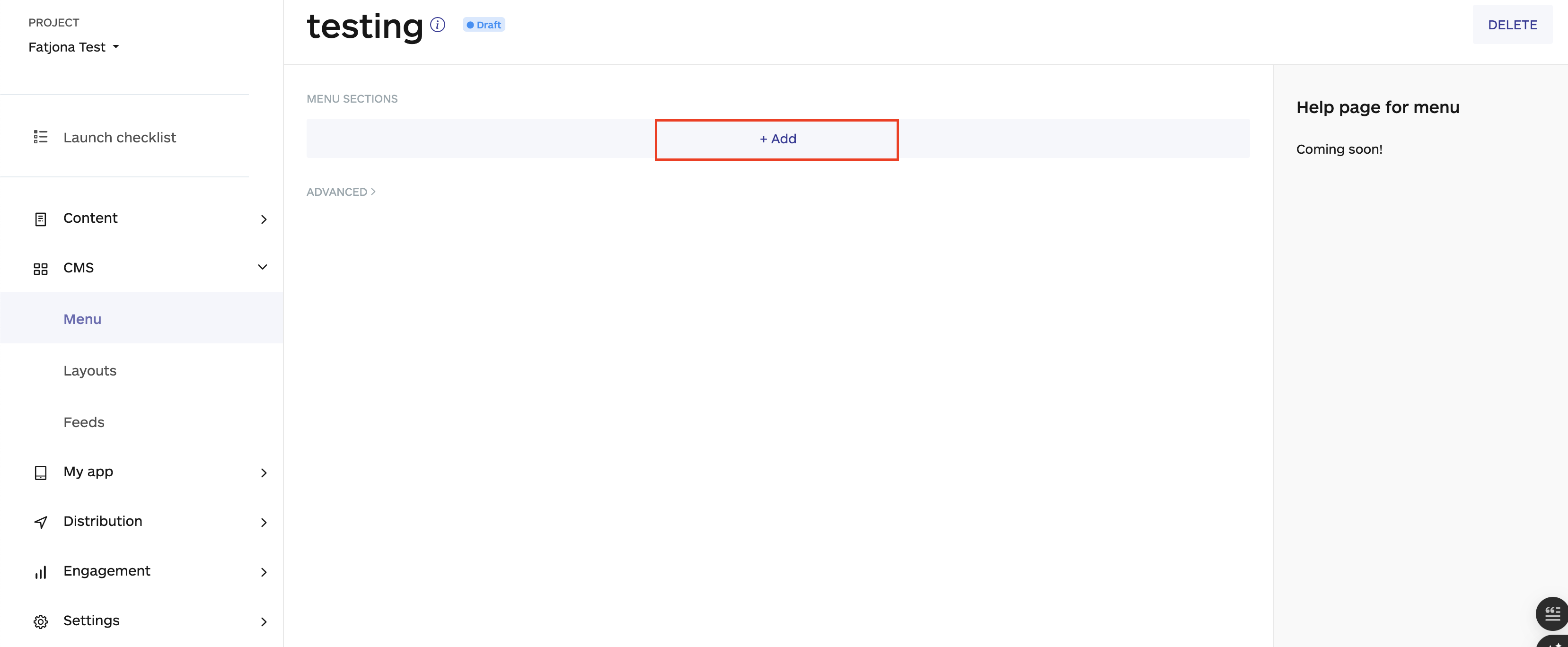 adding a new menu section option on the audiorista dashboard, no code app builder