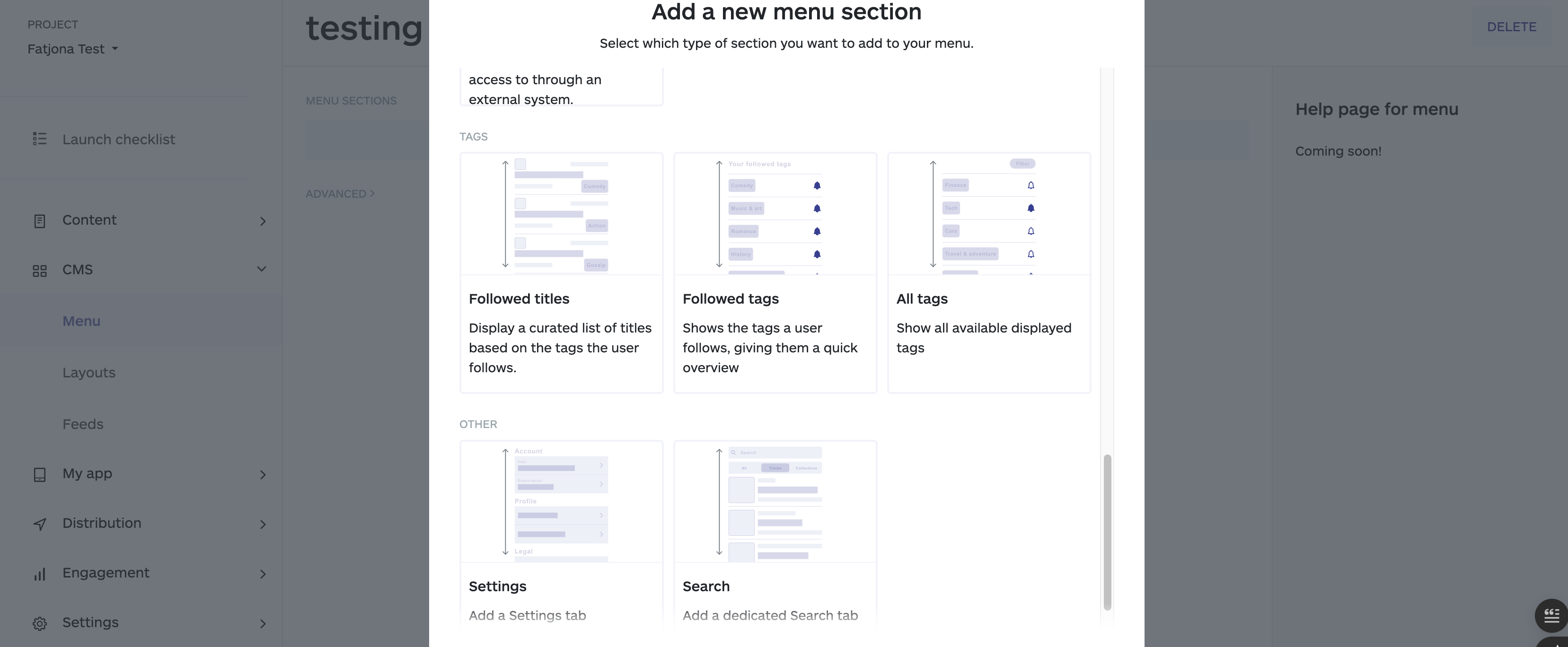 the tag option on the menu section, no code app builder