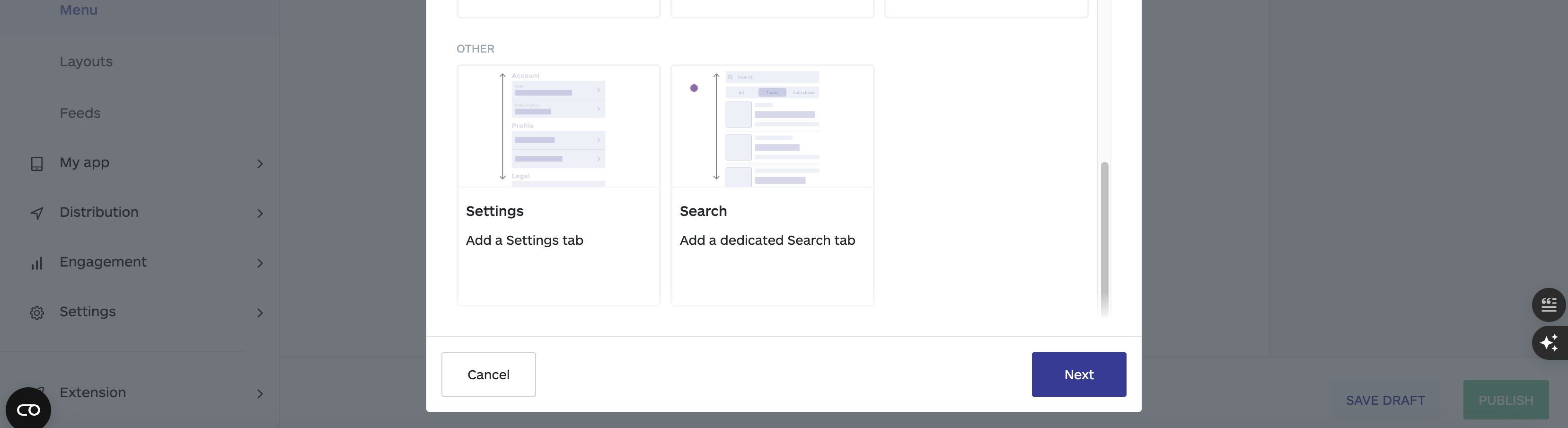 other section for the menu section options, no code app builder