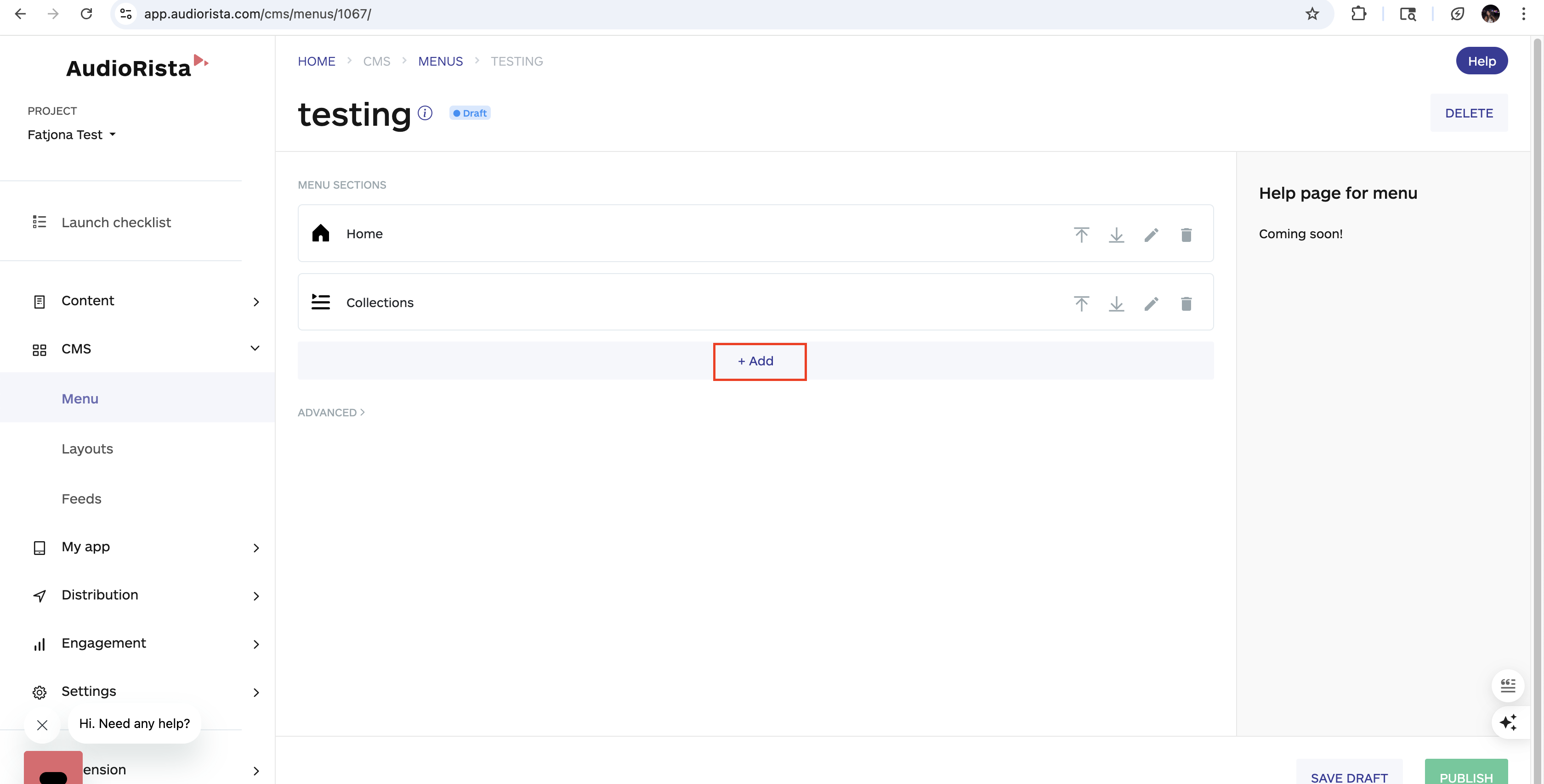 how to add menu item that includes the layout on the audiorista dashboard, no code app builder