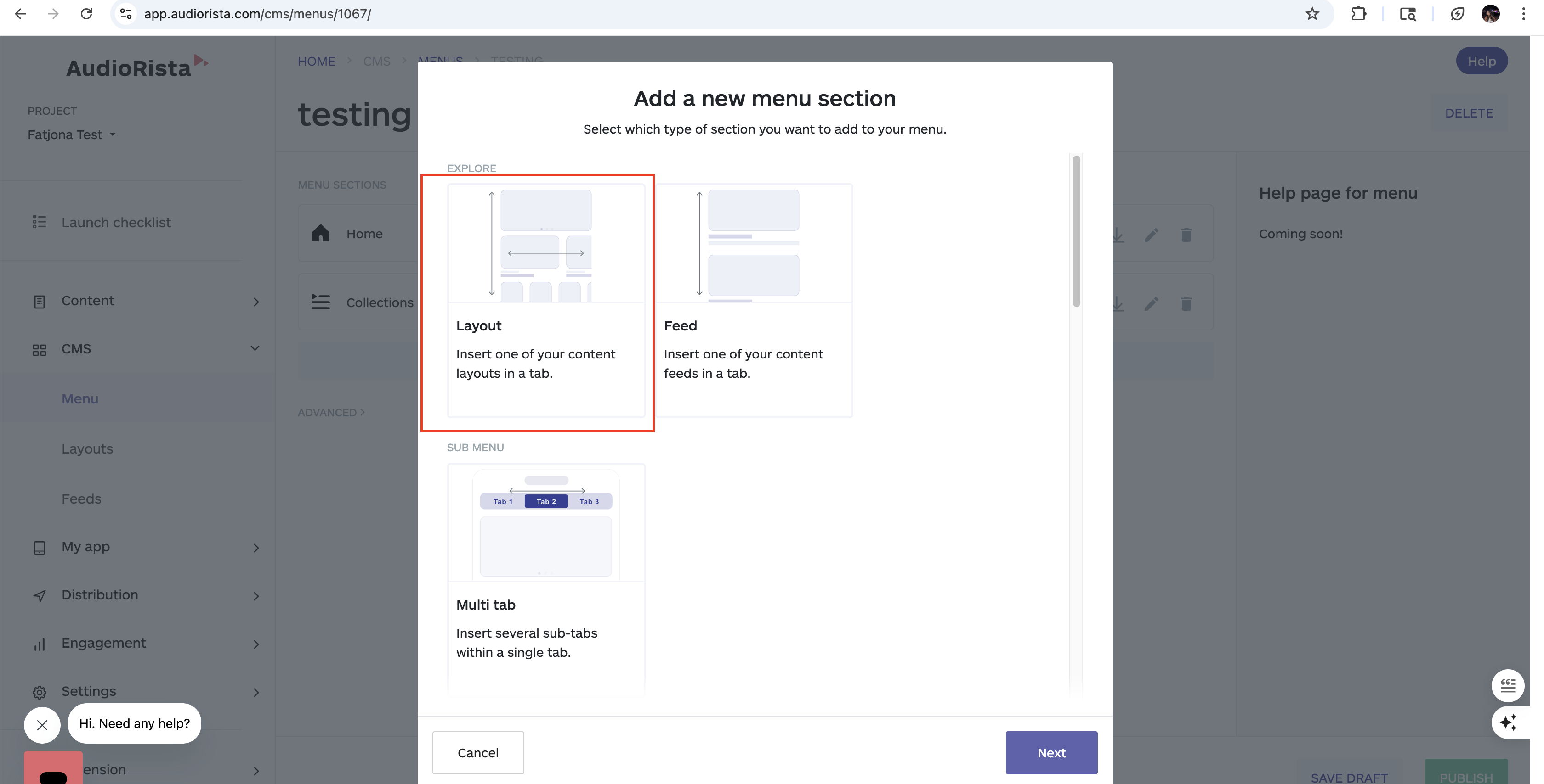 choosing the layout on the menu section, no code app builder