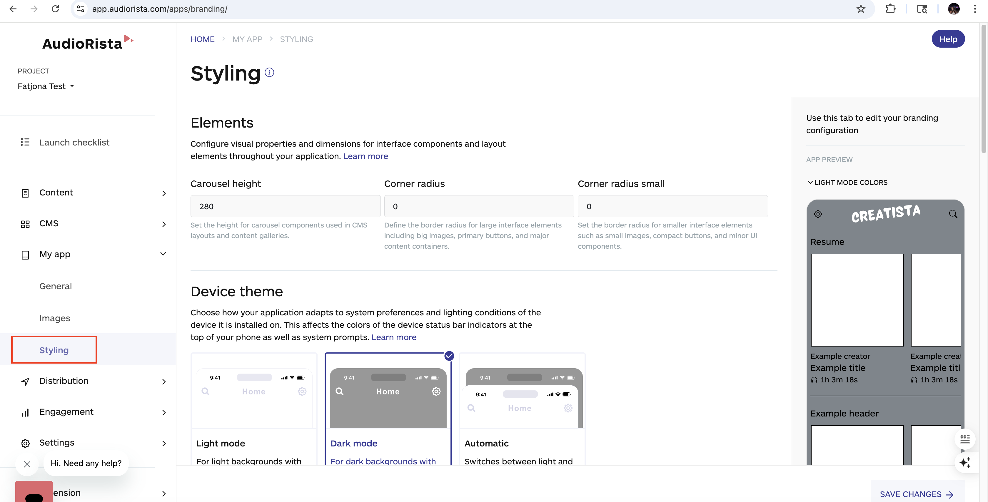 styling section on audiorista, no code app builder