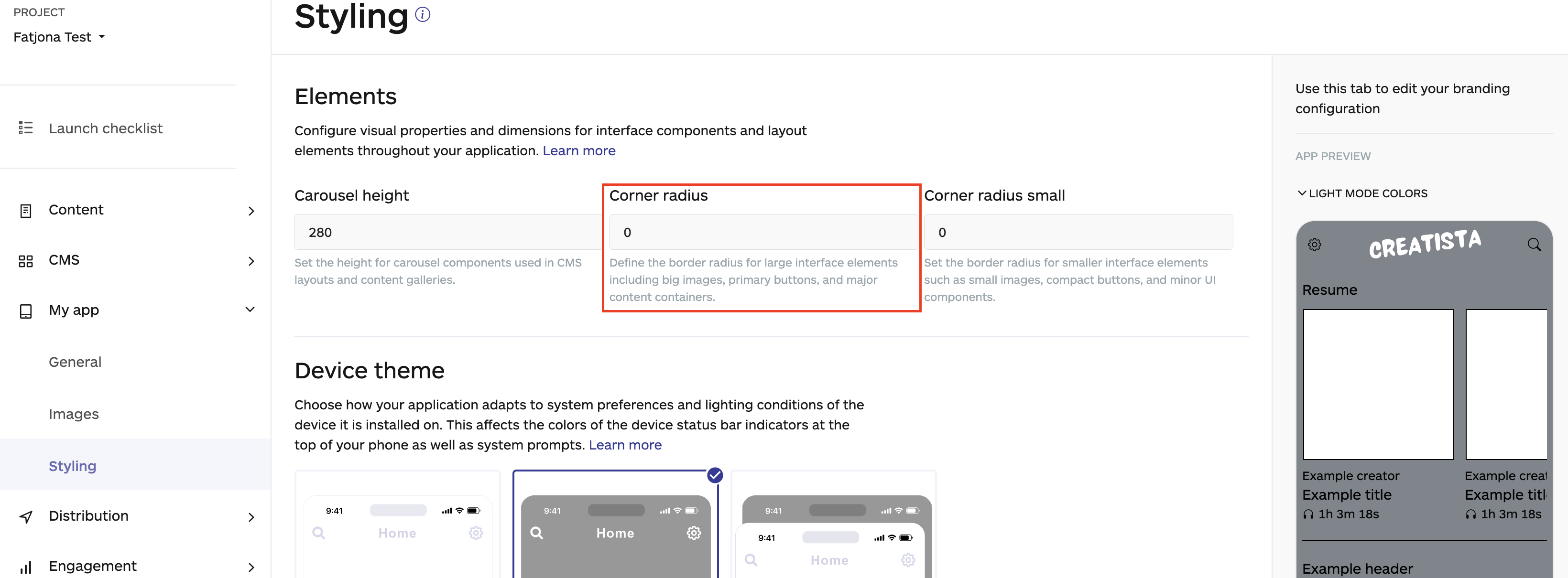 corner radius on audiorista dashboard, no code app builder