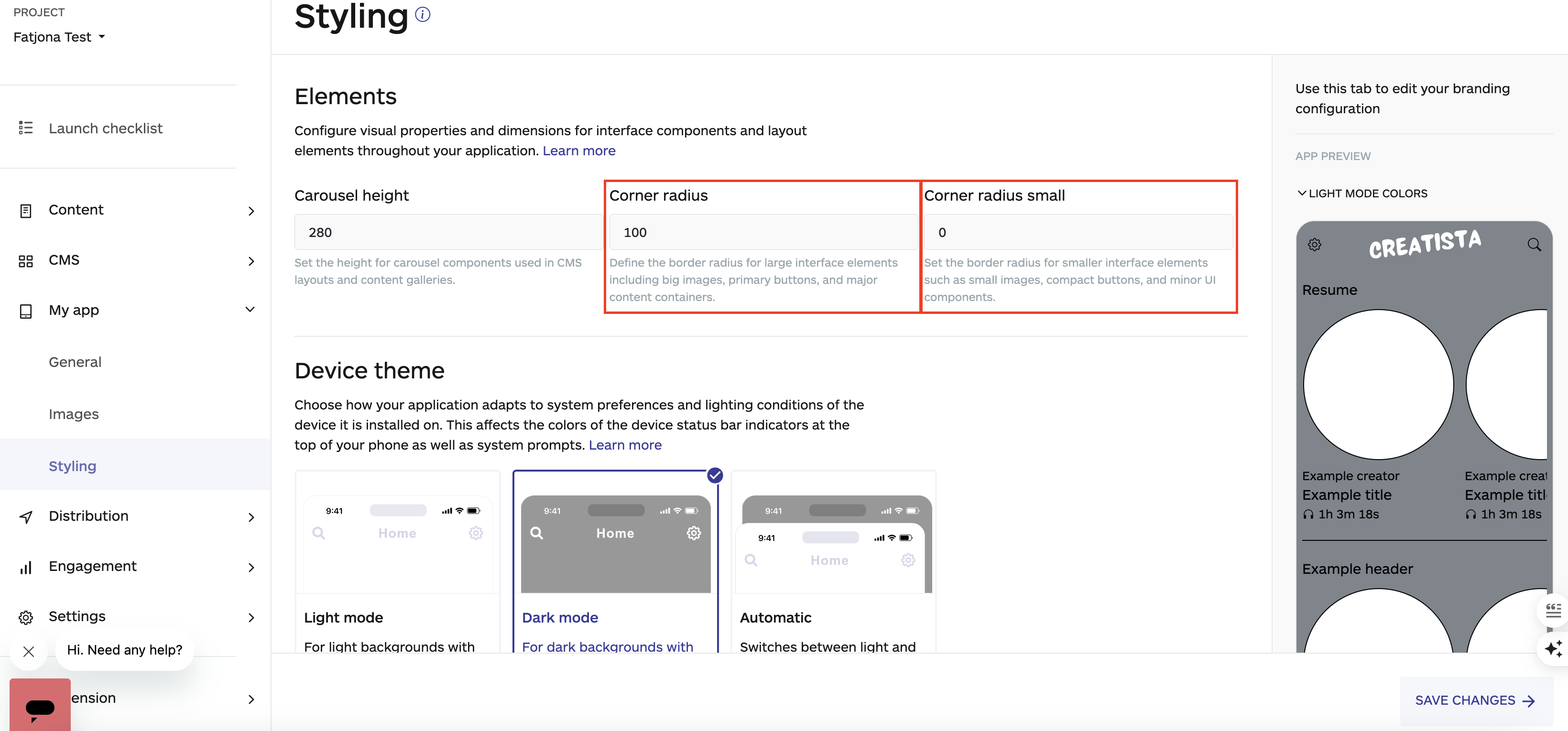 corner radius for small and large icones, audiorista dashboard, no code app builder