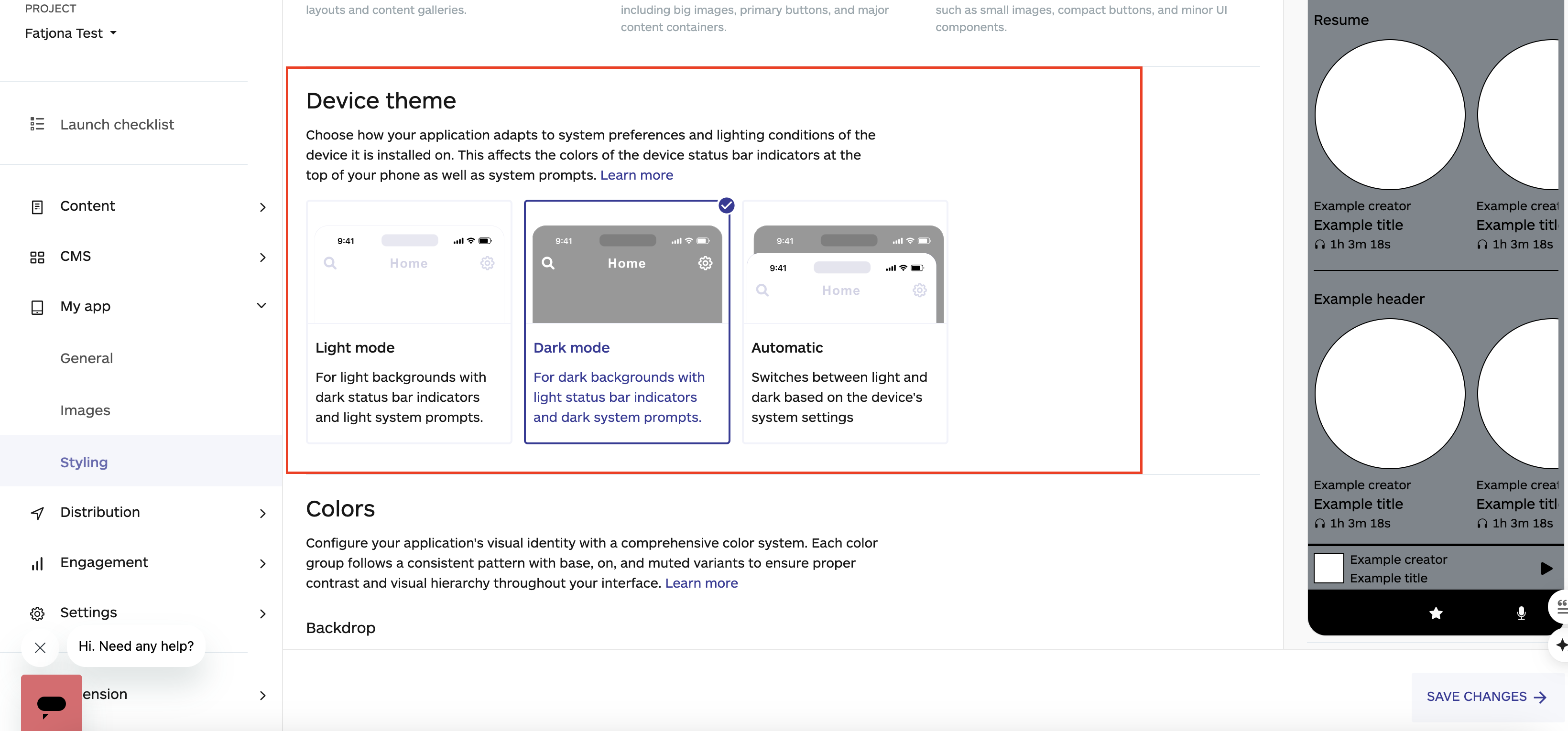 device theme on the styling section, no code app builder