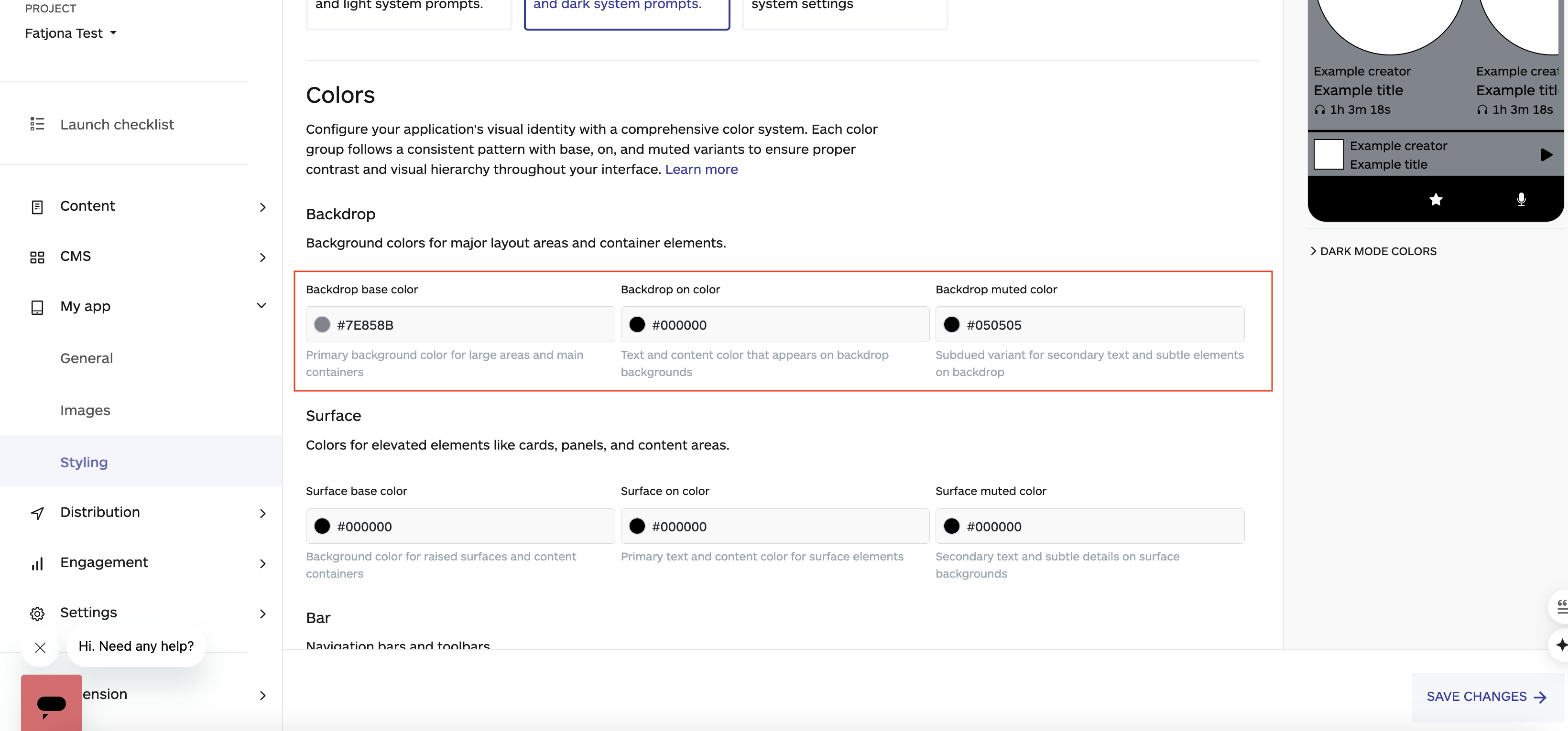 backdrop color on audiorista dashboard, no code app builder