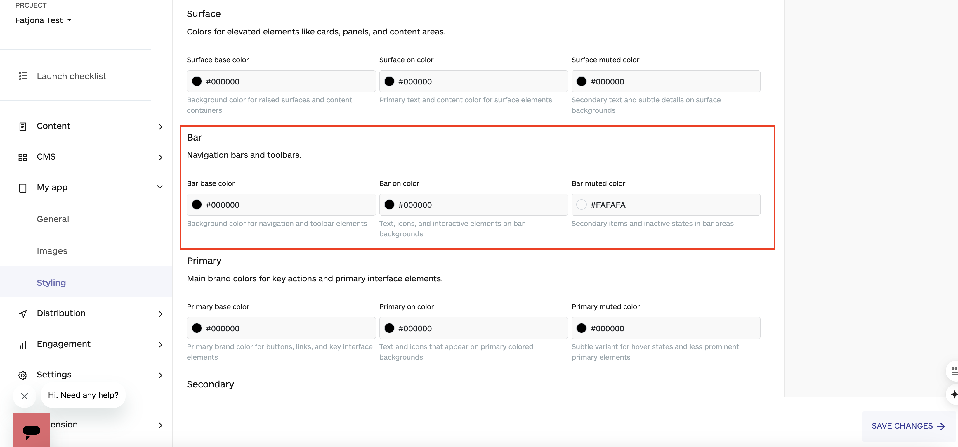 bar colors on audiorista styling section, no code app builder