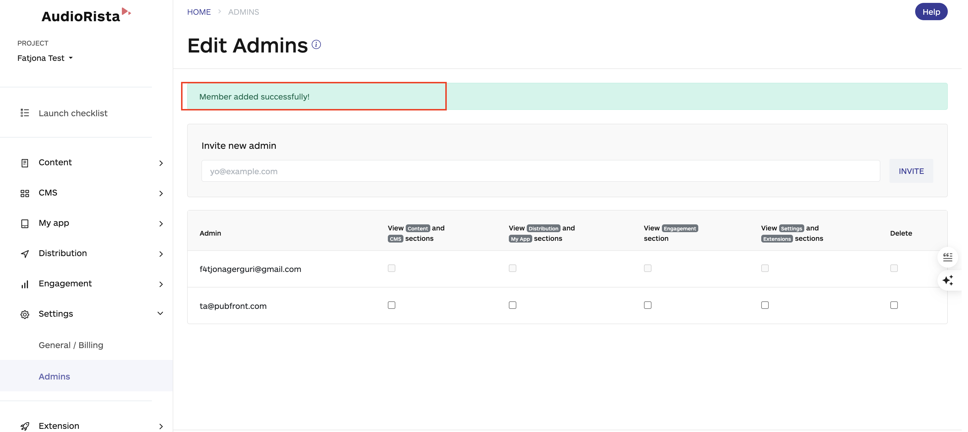 the successful message that shows after you invite someone as an admin, audiorista, no coded app builder