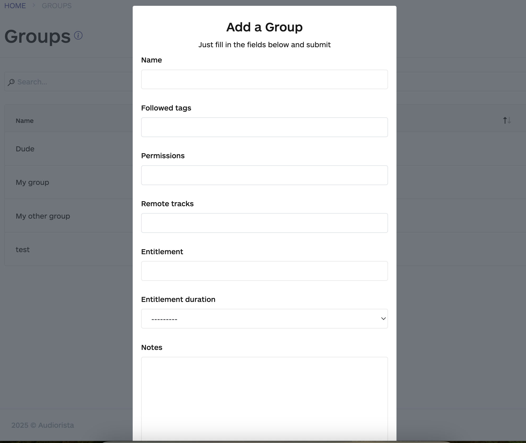filling the details for groups, audiorista, no code app builder