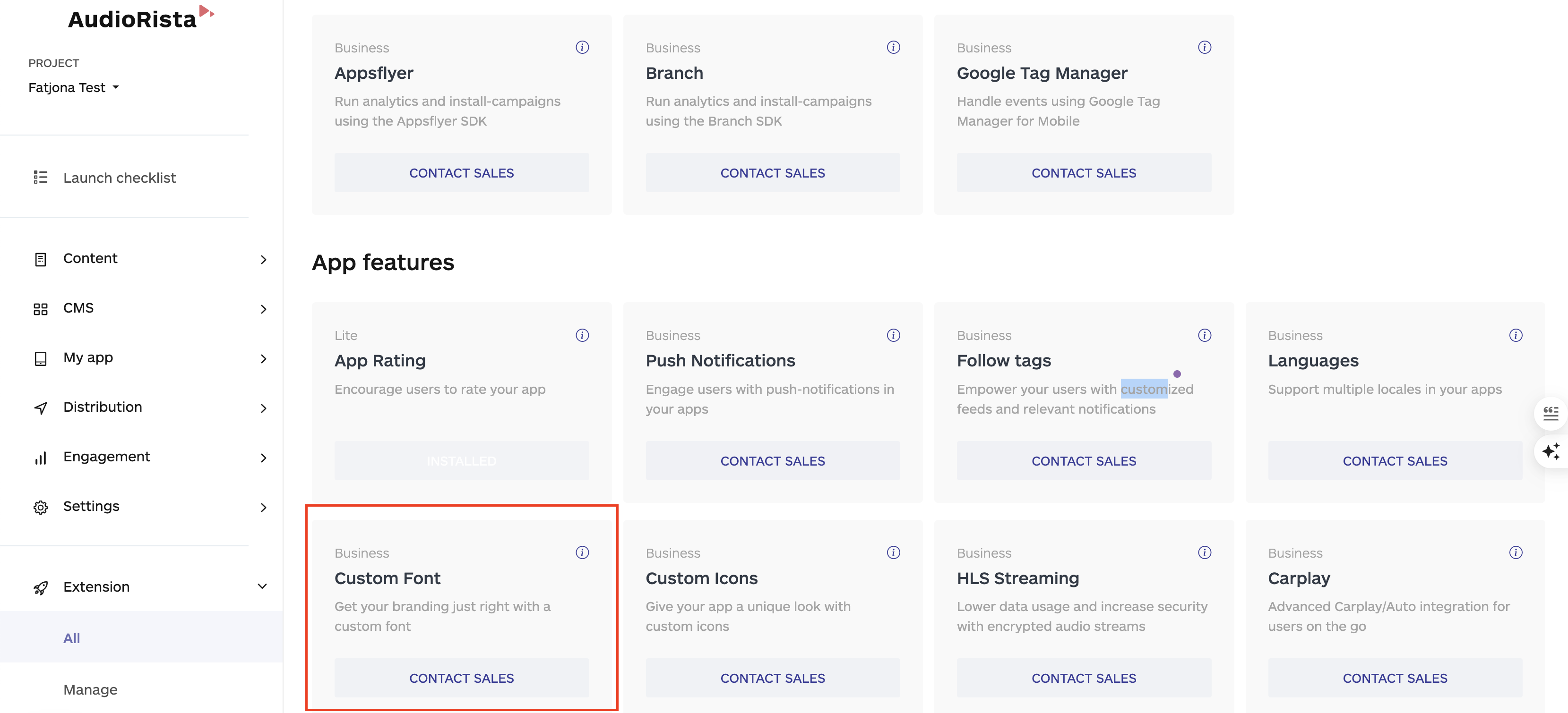custom fonts on the extensions on audiorista dashboard, no code app builder