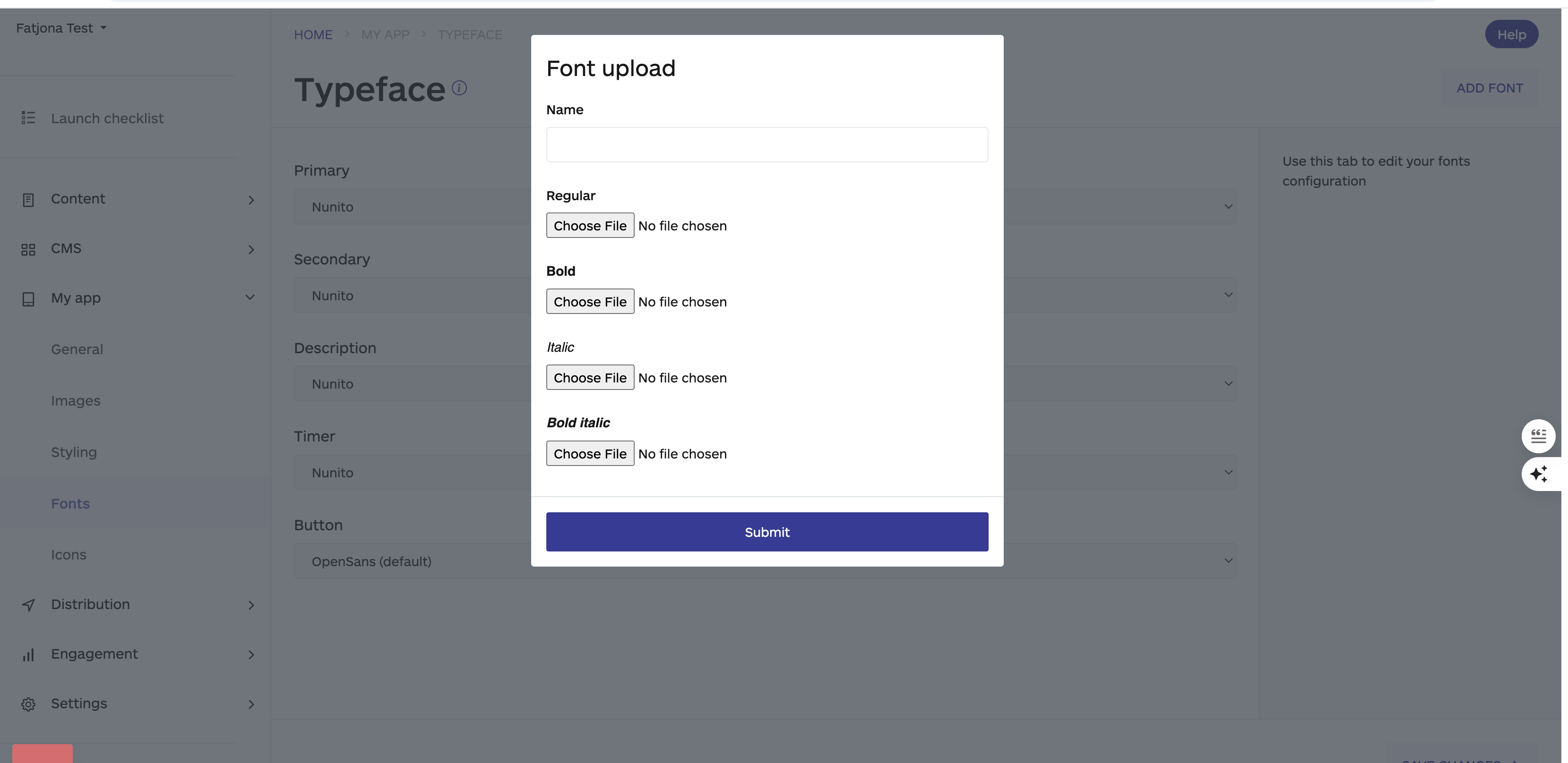 choosing the fonts on the custom fonts fields, audiorista, no code app builder