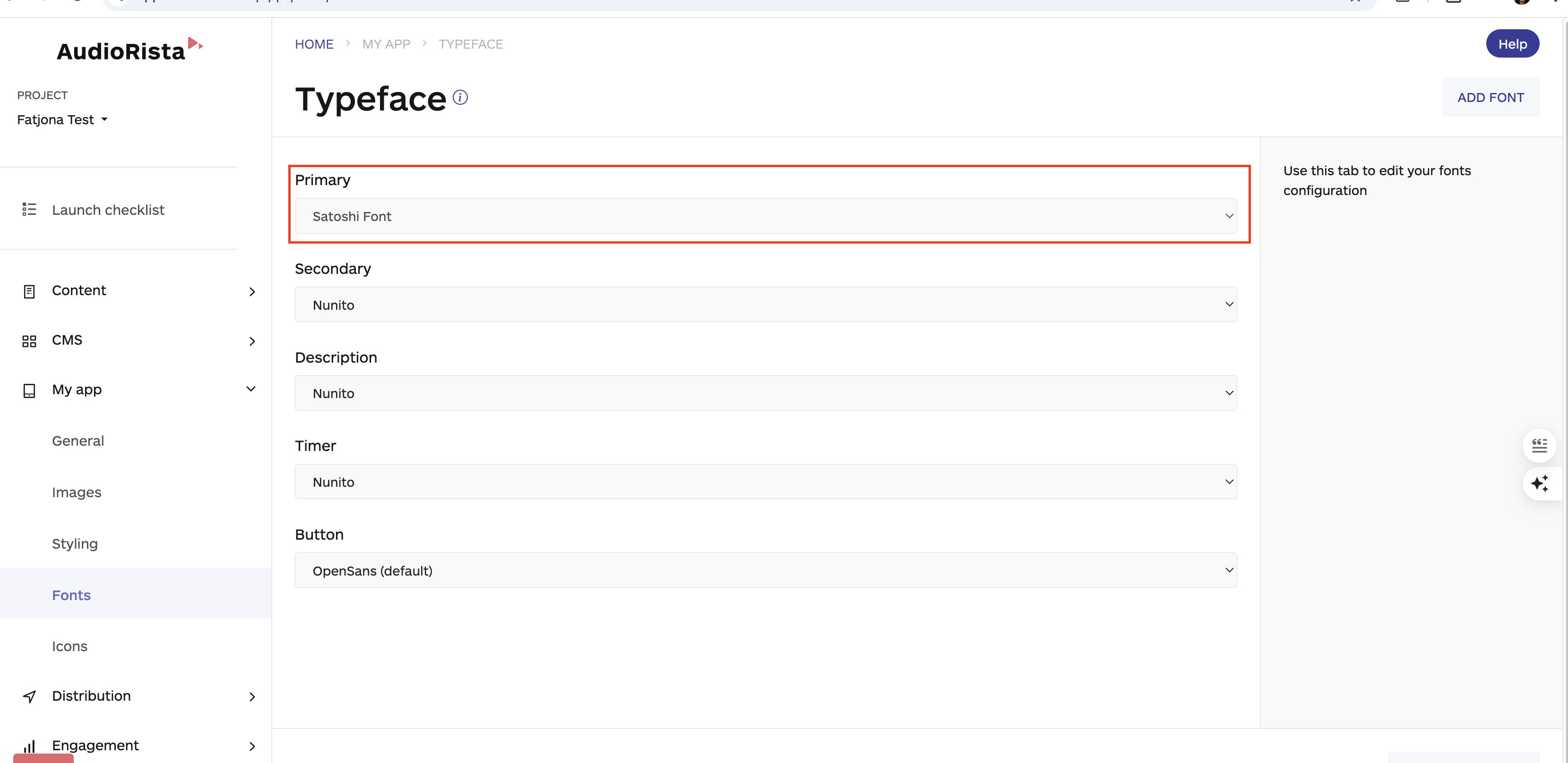 fonts selector on audiorista no code app builder