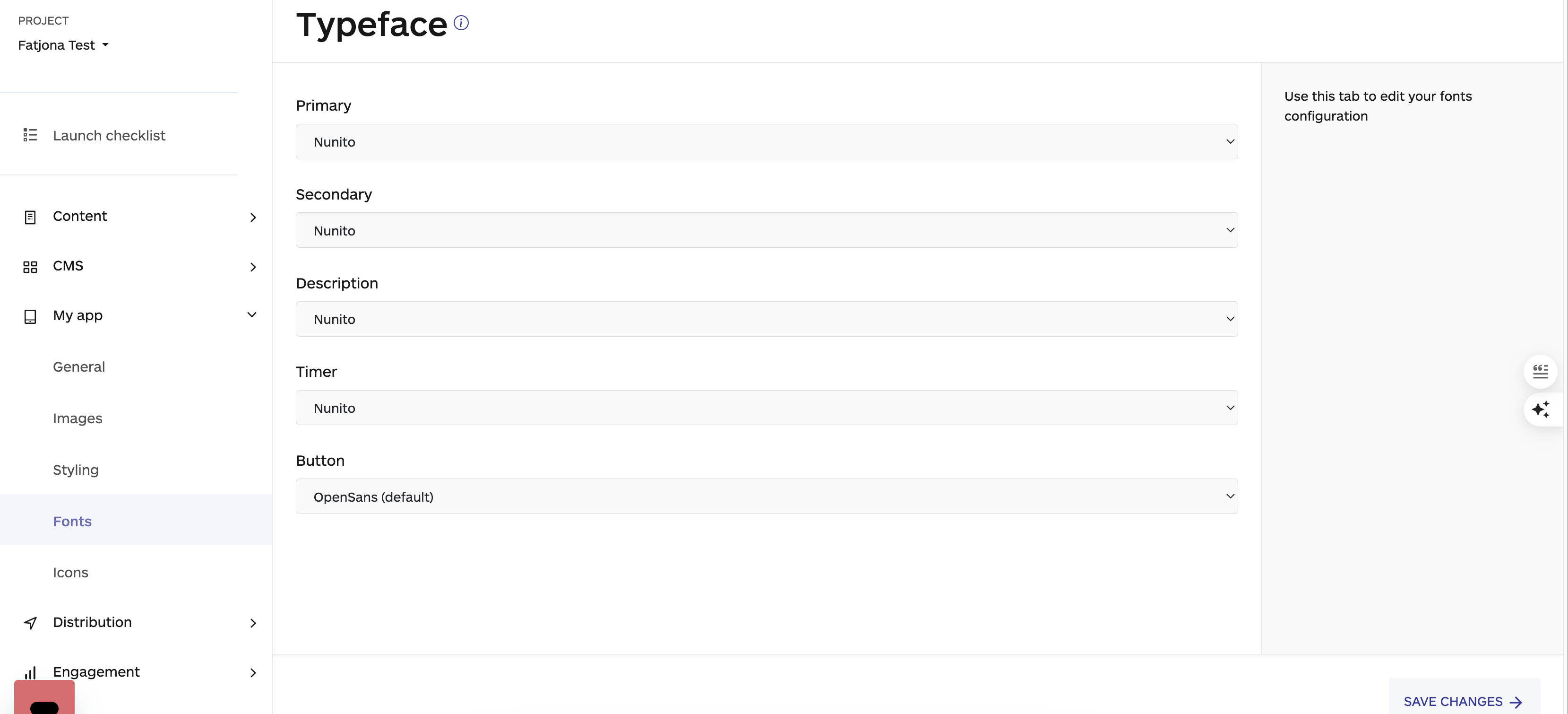 fonts section on the audiorista dashboard, no code app builder