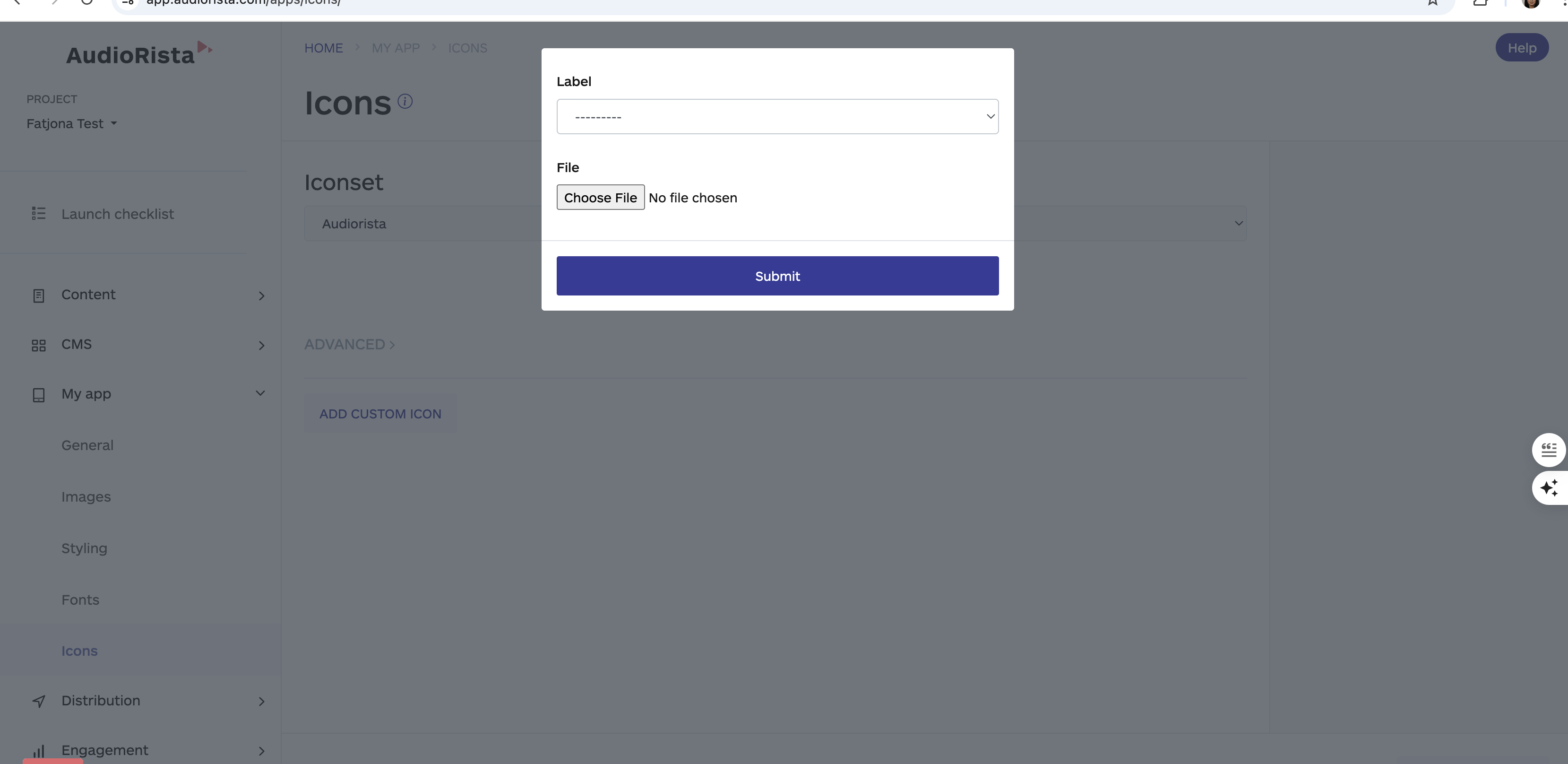 selecting the right icon to replace, audiorista, no code app builder